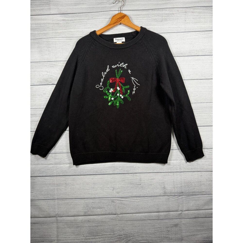 Potpourri Women's Large Black Mistletoe Sequin Christmas Sweater 4294
